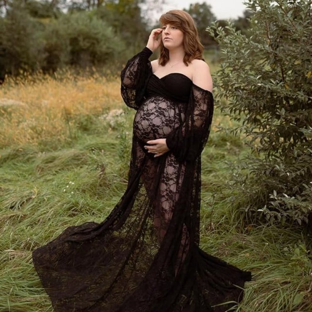 Black Lace Off Shoulder Doubly Split Maternity Maxi Dress for Photoshoot - Picture 6 of 16